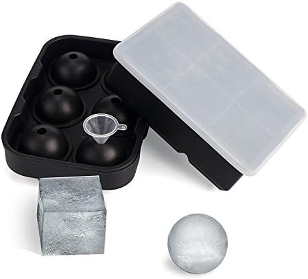 ice ball mold ice cube tray with Lid and small funnel, Silicone 6 Sphere Round Ice Ball maker &amp; 6 Large Square Ice cube mold with Lid for kids with fruit pudding jelly milk juice mold or Cocktails , Whiskey particles