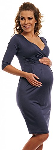 Happy Mama. Women's Maternity Jersey Baby Shower Dress. V-Neck 3/4 Sleeves. 001p (Blue Grey, 14)