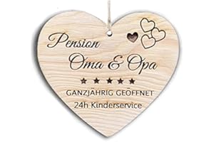 PET-JOS Pension Oma & Opa Herzschild Herz Schild Dekoschild Holzherz Holzschild 10 x 10 cm Spruch Geschenk Holz Geschenk EIN Geschenk für Oma Geschenk für Opa