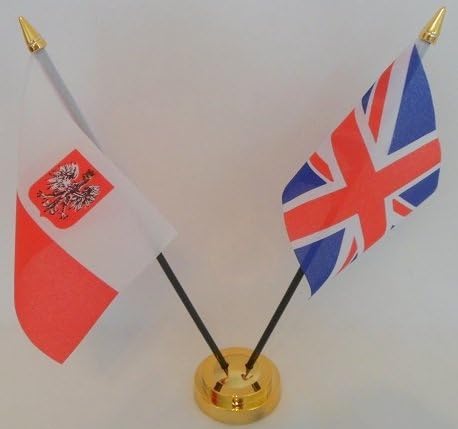 Poland Polish State Eagle Union Jack 2 Flag Friendship Table Display With Gold Base