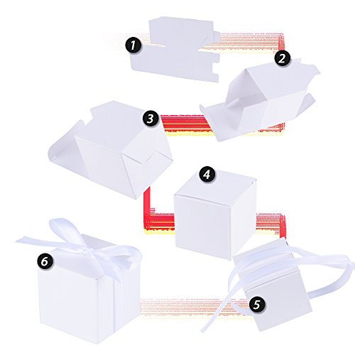 100 Stk. weiß Gastgeschenk Box inkl. Seidenbänder 5x5x5 cm Geschenkbox für Hochzeit, Taufe, Party usw. Pralinenschachtel süßigkeiten Bonboniere - 4