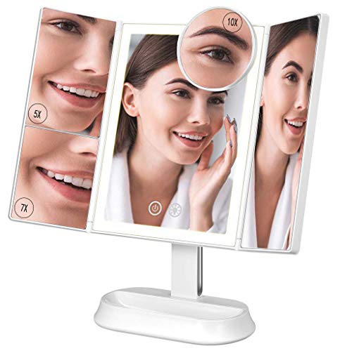 Ovonni Espejo Maquillaje con Luz, Espejo Triple Plegable, Espejo de Mesa Tríptica, Aumentos 1X / 5X / 7X / 10X, 60 Luz LED, Pantalla Táctil, 3 Modos de Iluminación, Carga USB o Batería, Mejor Regalo
