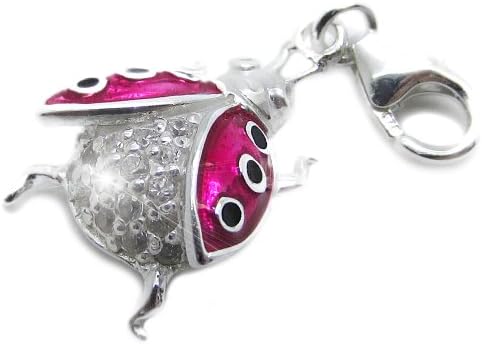 2.5g Solid .925 Sterling Silver Enamel Ladybird Charm/Pendant with CZ Stones/Anti-Tarnish/Lobster Clasp - FREE GIFT BOX