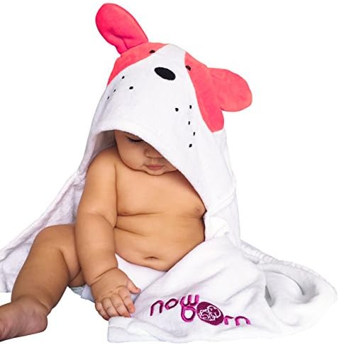Baby Hooded Bath Towel – Cute Puppy Dog Animal Design – 100% Cotton Material (Pink)