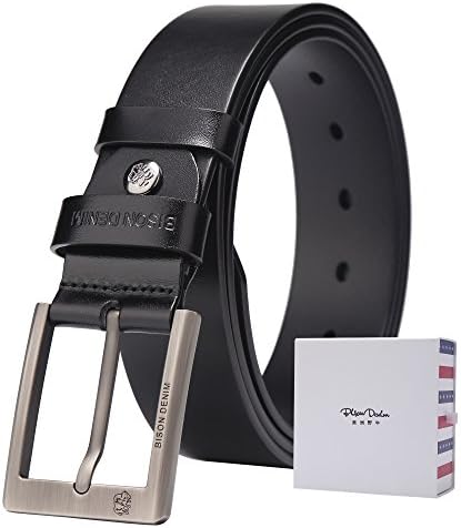 BISON DENIM Men's Belt Leather Waistband Casual Alloy Buckle Belts (43-44, N71015-Black)