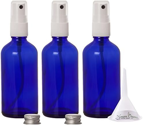 Premium 100ml Glass Leak Proof Atomizer Spray Bottles by Nomara Organics - Pack of 3 in Cobalt Blue Glass with Atomiser Sprays + BPA- Free Transfer Funnel &amp; 2 x Leak proof Silver Caps.