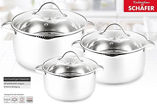 Schäfer Edelstahl Kochtopf-Set 6-teiliges INUKTIONS-Topfset mit Glasdeckeln 12112