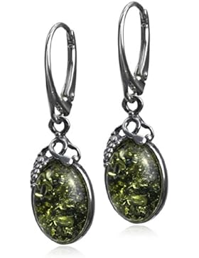 Ohrringe, aus Sterling-Silber und grünem Bernstein, mit kleinem Weinrebenmotiv