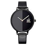 Damenuhren, Einfaches Dail Minimalistisches Design, Fashion Ladies Es Armband Quarz Handgelenk Watche mit Lederband (Schwarz, Grau),Black