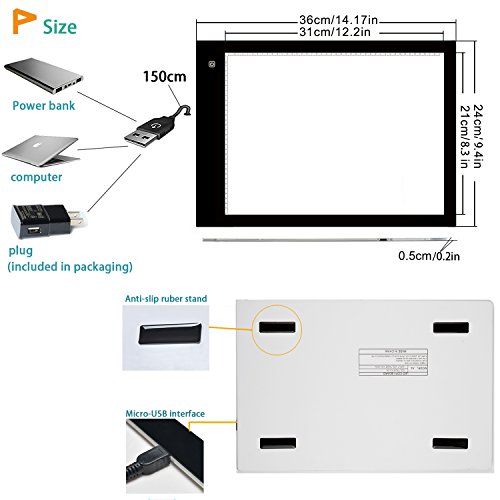 Ownuzz Leuchttisch A4 LED Leuchtkasten Leuchtplatte zeichnen zubehör einstellbare Helligkeit LED Handwerk Tracing Animations Tattoo Quilting Leuchttisch mit USB Kabel [Energieklasse A++] - 6