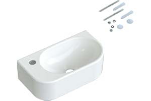 ‎AQUABATOS Waschbecken Keramik Waschtisch Hängewaschbecken klein Handwaschbecken Weiß Oval 40 x 21 cm Badezimmer Gäste WC Hahnloch Links mit Stockschrauben | OHNE Überlauf | OHNE Wasserhahn | OHNE Ablaufventil