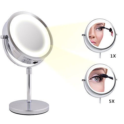 Limerence Moois Espejo de Maquillaje, Espejo Aumento, Espejo con luz, LED Iluminado 2 en 1 con 18 luces LEDs, con 360 grados de rotación ajustable, Doble Cara con Aumento de 1x/5x, Altura Ajustable, Opera con Pilas, Cromado, Cuidado de la Piel y Afeitado