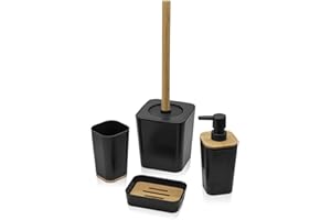 INBAGNO Set Bagno Completo in Finitura Nera Opaca con Dettagli in bambù, Include Dispenser Sapone, Portaspazzolini, Portasapone e Portascopino