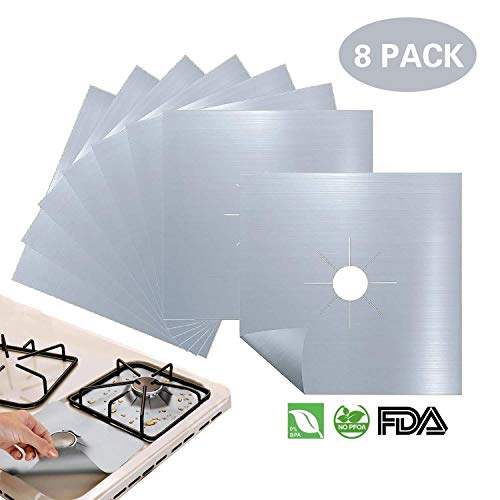 8 pièces Plaque de Cuisson à Gaz Protection d'écran Anti-adhésif Réutilisable Protection Cuisinière Gazinière Tapis, 10.6 x 10.6 inch Argenté
