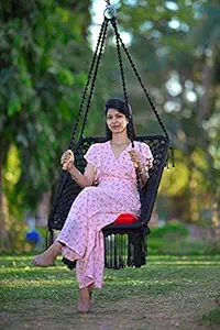 Curio Centre Make in India Rectangular (Large) Premium Swing with Polyester Ropes & Mild Steel Frame for Adults & Kids/Indoor Outdoor Hanging Swing with Cushion & Accessories (66 x 96 x 144 cm, Black)