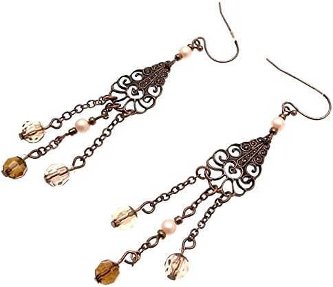 Drop Earrings copper coloured metal design with plastic beads GW2