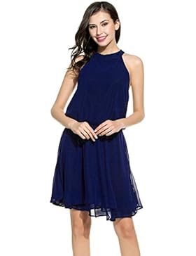 ACEVOG Damen Elegant Neckholder Chiffonkleid Cocktailkleid Einfarbig Polka Dots Ärmelloses