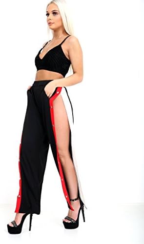 PRETTY AND PARTY Wide Leg Stripe Side Split Button Popper Sports Trousers (Small)