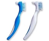 Denture Brush (Set of 2) Blue and White Brushes ~ Easy Grip Handle, Double Bristle Head