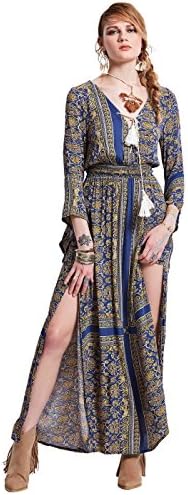 Bohoartist V-Neck Lace-Up Geometric Pattern 3/4 Sleeve Maxi Dress (S)