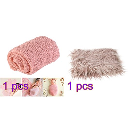 OULII 1pcs lange Welle wickeln, DIY neugeborenes Baby Fotografie Wrap-BAby Foto Requisiten begünstigt (Schnee zahnfarbenen) + 1pcs Baby Foto Requisiten weichen Fell Quilt fotografischen Matte (Khaki)