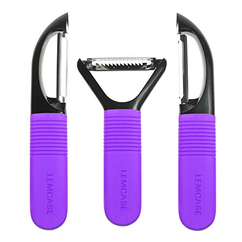LEMCASE Obstschäler und Gemüseschäler - 3 Stück Schäler Sparschäler Set [Gezähnt, Gerade, Julienne Klingen] mit Lila Silikon Griffe