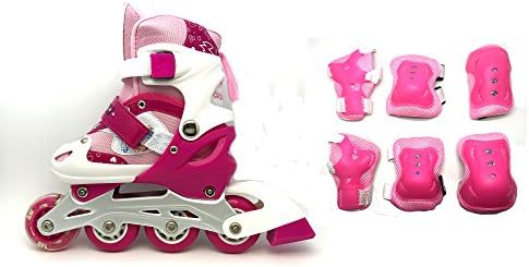 Children's Adjustable Inline Skates / Inliners with Complete Protection Set - Pink - Size S - Children's Size 11.5-13 and Adult's Size 0-1.5 (EU 30-34)
