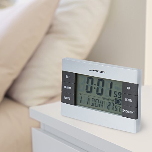 Jago Funkwecker mit Mondkalender und Temperaturanzeige mit LCD-Display in 7 verschiedenen Sprachen inkl. Snooze-Funktion und Datums- Wochentaganzeige - 8