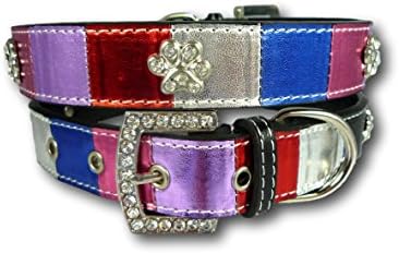 Cara Mia Dogwear Metallic Multi Coloured Paw Stud Collar with Diamante Buckle (Medium)