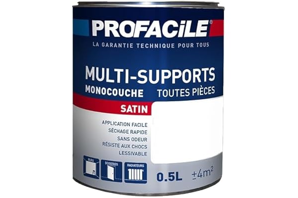 PROFACILE Peinture intérieure multi-supports, satin, murs, plafonds, boiseries, radiateurs, sans odeur, plusieurs teintes 0.5 litre