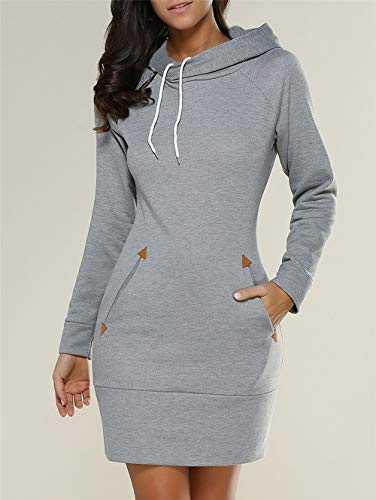 Preisvergleich Produktbild Swallowuk Hoodies Kleider Damen Langarm Sweatshirt Kleid Rollkragen Bodycon MiniKleid Cocktail Partykleid Outwear Lange Pullover Kapuzenpullover (XL, Hellgrau)