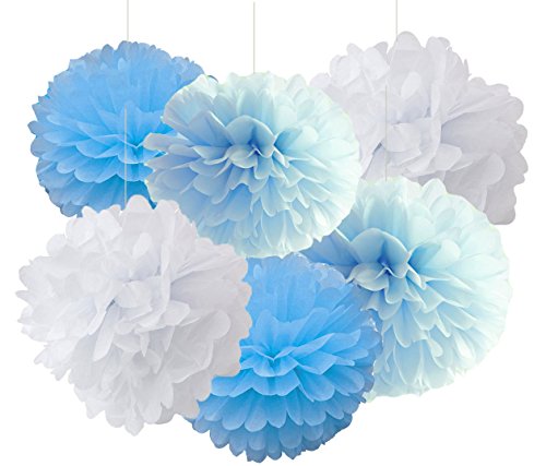 Furuix Babyparty Junge Türkisbaby-blaues weißes Geschlecht decken Partei-Dekoration-Gewebe-Papier-Troddel-Girlande-Gewebe-Papier Pom Pom Kreis-Girlande für rustikale Hochzeits-Baby-Dusche, Geburtstagsfeier, Baumschulen-Dekoration / Brautduschen-Dekoration auf - 4