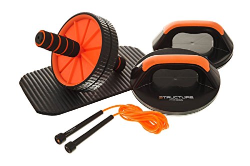 Structure Fitness5PC Core Training Kit Ab Roller Push Up Grip Pro Jump Skipping Rope Fitness Hand Gripper Workout Exercise Gym Home With Knee Pad