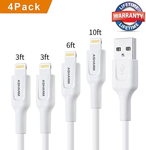 iPhone Charger Cable, ASharm 4Pack 3ft 3t 6ft 10ft iPhone Charger Cable for iPhone X 8 7 6s 6 Plus 5s 5c 5 SE, iPad 2 3 4 Mini, iPad Pro Air, iPod &amp; More (White) (4 Pack)
