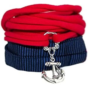 Wickelarmband Stoff - maritim - breites Armband - onesize - Stoffarmband zum Wickeln - Handmade - Endlosarmband mit Anhänger Anker - stretch - endlos - ohne Verschluss - dunkelblau und rot