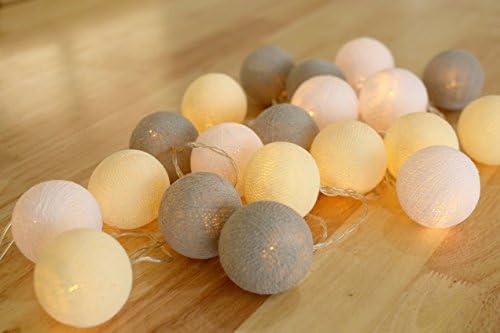 Gray Night Lamp 20 Cotton Ball String Lights LED Battery Operated Wedding and Party Décor Warm White Light (Warm Gray)