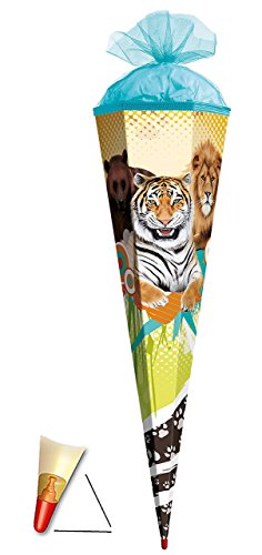 Schultüte - Raubtiere - 22 / 35 / 50 / 70 / 85 cm - Zuckertüte ALLE Größen - mit / ohne Holzspitze - Roth - für Mädchen & Jungen - Zootiere Löwe Tiger Bär Tiere Zoo Wildtiere Löwen