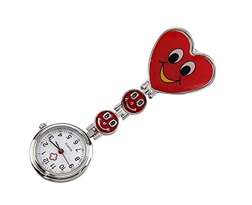 DDOQ Montre de Poche d'infirmière rentable en Alliage avec Clip en Forme de cur pour infirmière Broche de Montre Smiley Rouge