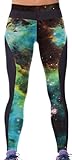 erdbeerloft - Damen Leggings Sporthose Weltall Space, One Size, Schwarz Grün Braun