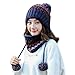 Produktbild happy event Fleece gefütterte Damen Strickmütze Schal Set | Mädchen Winter Ski Hut mit Ohrenklappen Pompom (Navy)