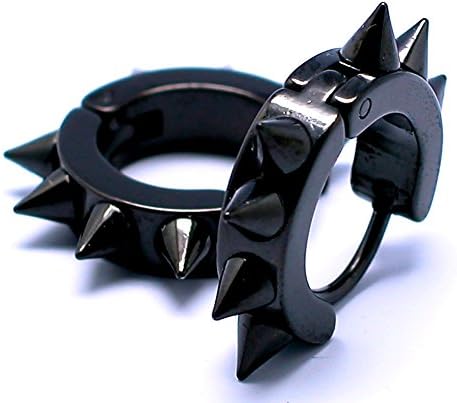 Stainless Steel Squared Black Huggie Earrings Hoop Clip On Hanging Spiked Round Shape Fashion Cuff