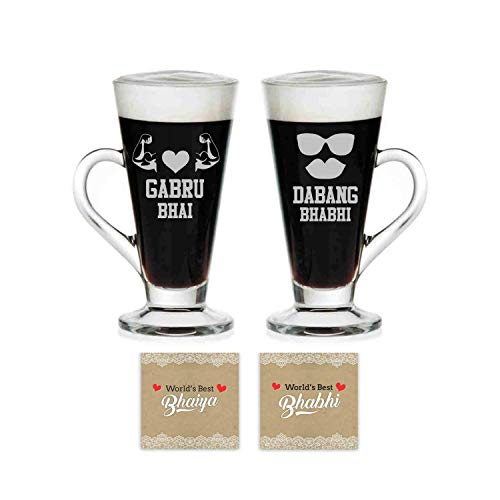 YaYa cafe Combo of Engraved Tea Mugs and Coaster for Brother and Bhabhi, 230ml (Clear) - Set of 4