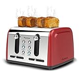 4 Scheiben Langschlitz Toaster mit 1500W, Aufwärm- / Auftaufunktion, inkl. Brötchenaufsatz Krümelschublade, Retro Design