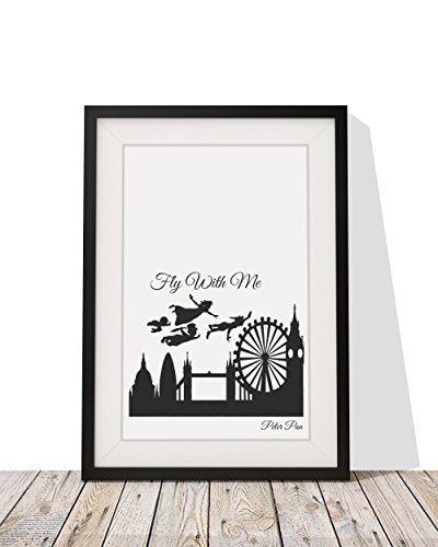 Four Leaf Clover Gift Shop Positive Affirmation Peter Pan Quote Framed Print | Fly With Me London Skyline |Bedroom Home Décor | 12 X 10 Inch | Black |