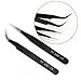 2 Pcs Nail Art Rhinestones Eyelashes Extension Straight & Curved Tips Tweezers Tool Set Make Up Tool Black