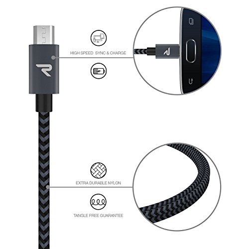 Micro USB Kabel Nylon 1m [2-Pack] – Rampow® 2.4A [ Micro USB Schnellladekabel ] geflochtenes Samsung Ladekabel / Ladekabel Samsung – Lebenslange Garantie – High Speed Sync und Ladekabel für Android Smartphones, Samsung Galaxy, HTC, Huawei, Sony, Nexus, Nokia, Kindle und mehr – Space Grau - 3