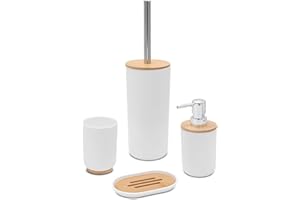 Inbagno Set Bagno Accessori Completo – 4 Pezzi, Kit Accessori appoggio in ABS e Legno bambù, Include Dispenser, portaspazzolini, portasapone e scopino WC, Linea Surf