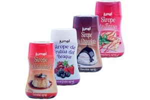 Pack de 4 unidades de Sirope JUMEL sin gluten multisabor fresa, caramelo, frutos rojos y chocolate. Formato antigoteo en botellas de 275g.