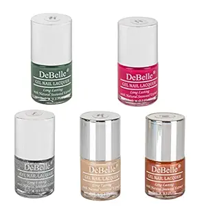 DeBelle Gel Nail Polish Combo Set of 5 - Green Olivia (Dark Olive Green), Tulip Sheen (Dark Pink), Estella (Silver with Black Glitter), Victorian Beige (Beige), Roseate Gold (Metallic Rose Gold), 40ml (8ml Each) Gift for girls