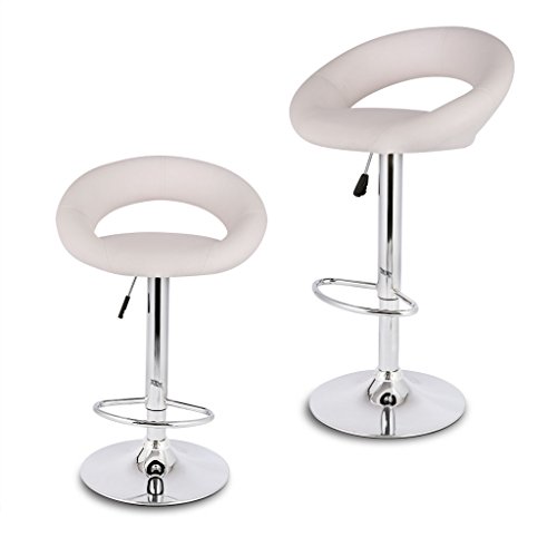 LANGRIA Taburetes París Tapizados Cuero de Imitación, Respaldo Forma Media Luna y Asiento Acolchados, Base y Barra con Acabado Cromado, Altura Ajustable para Cocina, Bar (Juego de 2 Taburetes, Blancos)